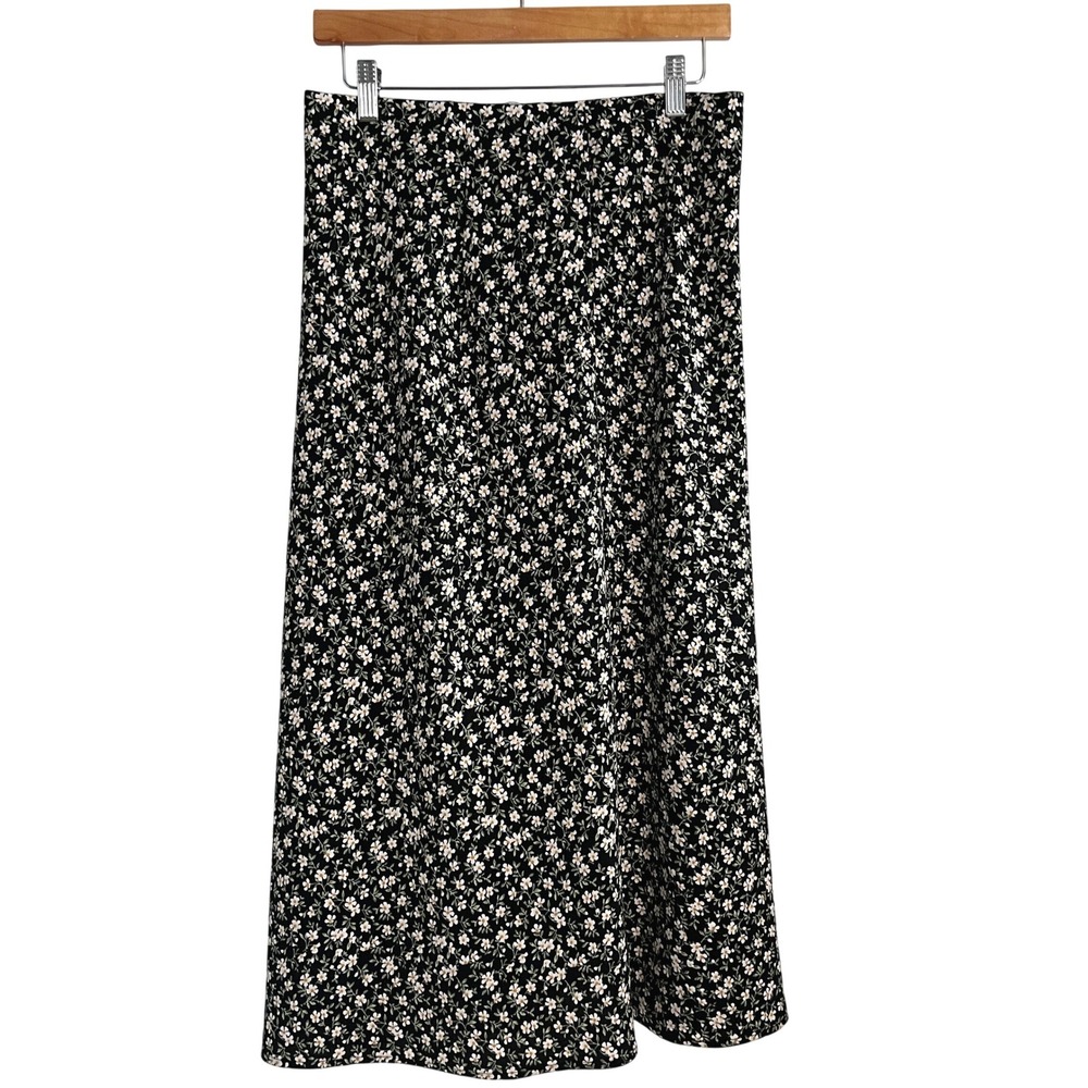 Rachel Zoe Black Ditsy Floral Midi Skirt Girlie Dark Cottagecore A-Line Size 6